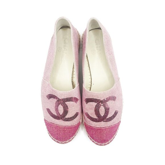 Authentic CHANEL CC Logo Canvas Pink Sequin Espadrilles Flats Shoes 38 - Picture 5 of 7